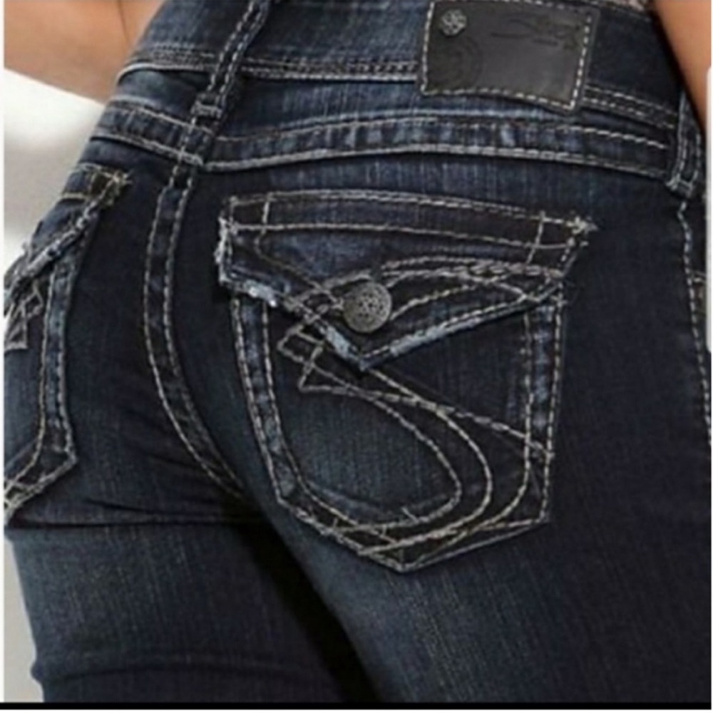 SILVER "SUKI SURPLUS" Boot 29 x 32 Women Dark Jeans BACK FLAP Button Pocket Pant